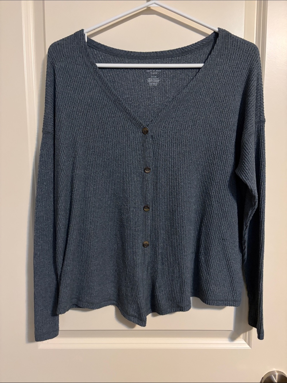American Eagle Outfitters Ribbed Button-Front Cardigan in Slate Blue